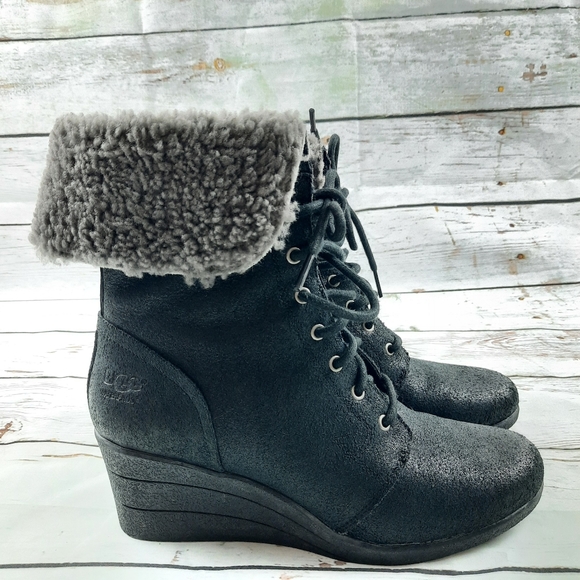 UGG Wedge Waterproof Ankle Boots Suede Sherpa Black Academia Fairy Cottage - Picture 4 of 12